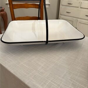 White Enamel Serving Tray with Black Trim